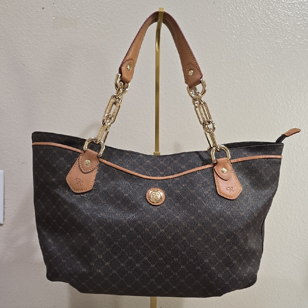 🌾 Rioni Dark Brown Patterned Shoulder Bag with Tan Trim and Gold Hardware